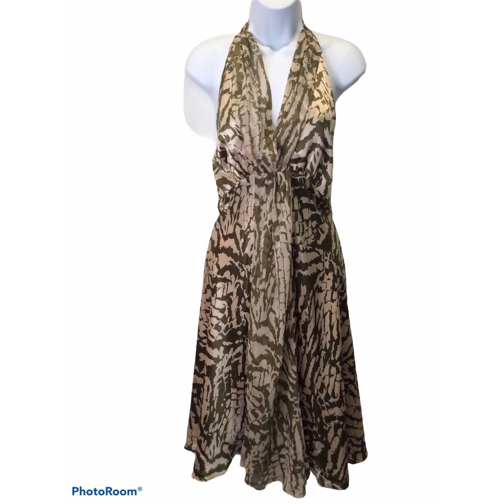 DONNA RICCO VINTAGE GREEN AFRICAN SILK HALTER DRESS  10 PETITE